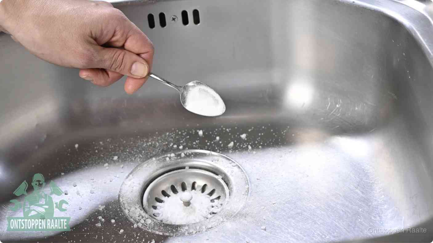 Een hand strooit met een lepel soda in de afvoer van een roestvrijstalen spoelbak, de soda en azijn huismiddel-methode om de afvoer te ontstoppen in Raalte