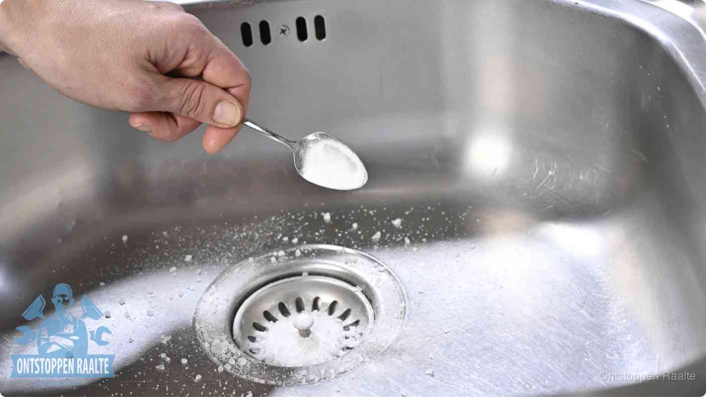 Een hand strooit met een lepel soda in het afvoerputje van een rvs spoelbak, de soda en azijn huismiddel-methode in Raalte
