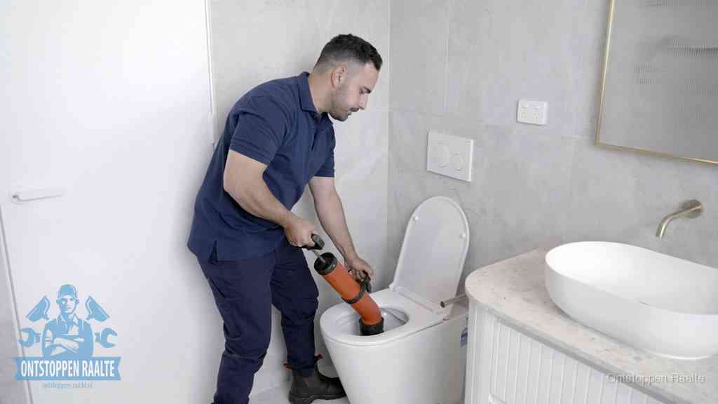 Een monteur gebruikt een handmatige perspomp (toiletontstopper) op een wandcloset tijdens het professioneel wc ontstoppen in Raalte